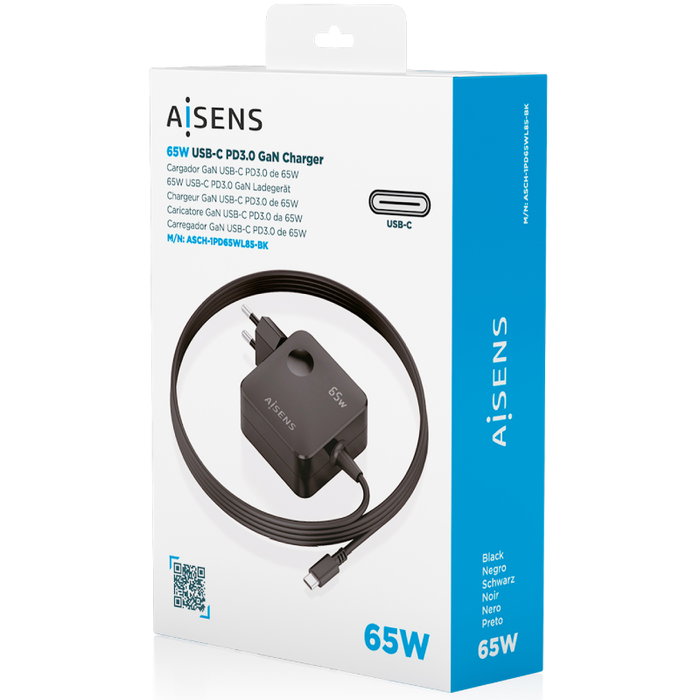 Aisens Cargador de Pared GaN 65W USB-C ASCH-1PD65WL85-BK Negro